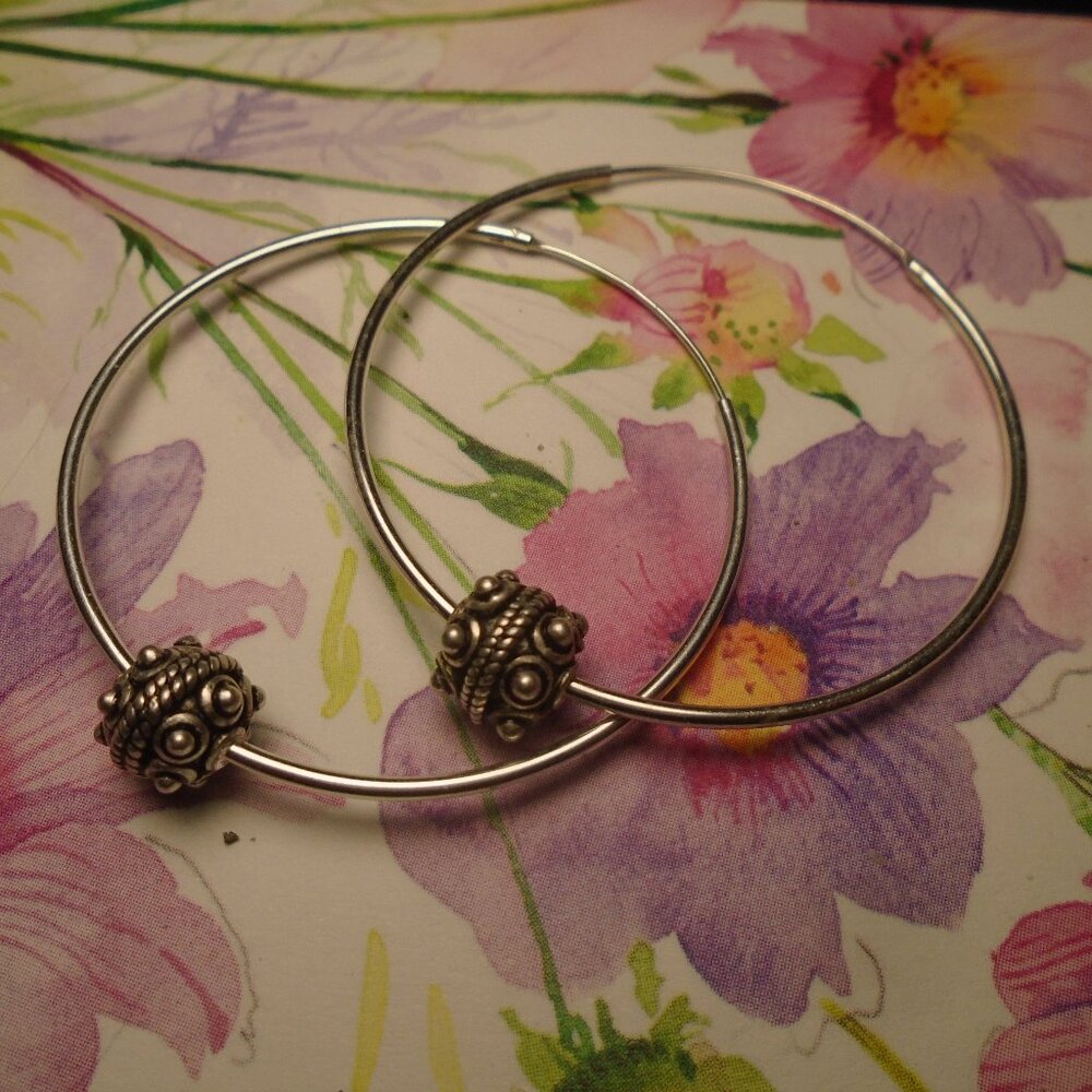 handmade 925 sterling silver 45mm  1.5" hoop earrings with Antique tibet beads